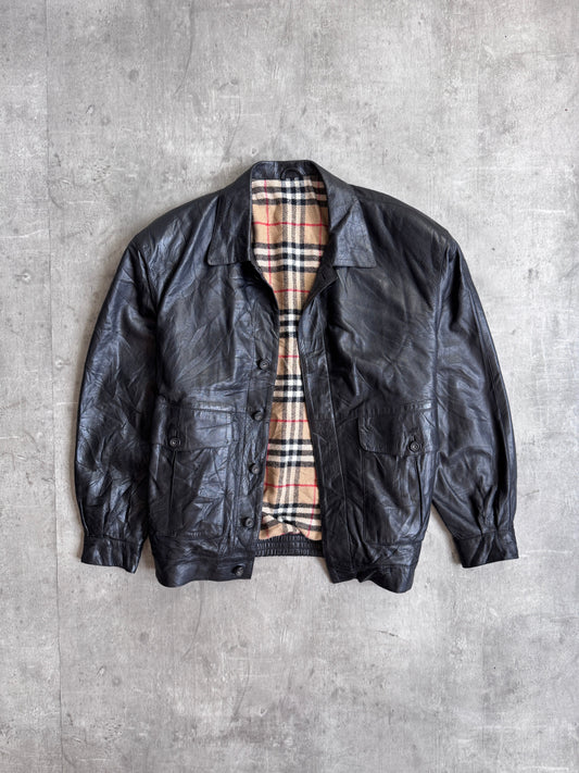Burberry Nova Check Wool Lined Black Leather Bomber Jacket