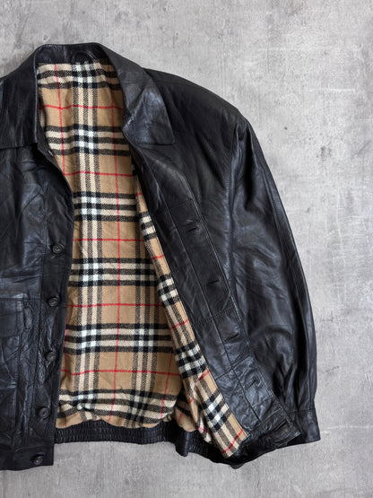 Burberry Nova Check Wool Lined Black Leather Bomber Jacket