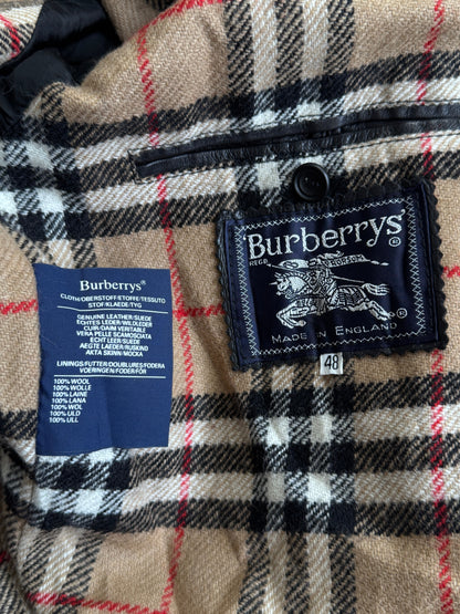 Burberry Nova Check Wool Lined Black Leather Bomber Jacket