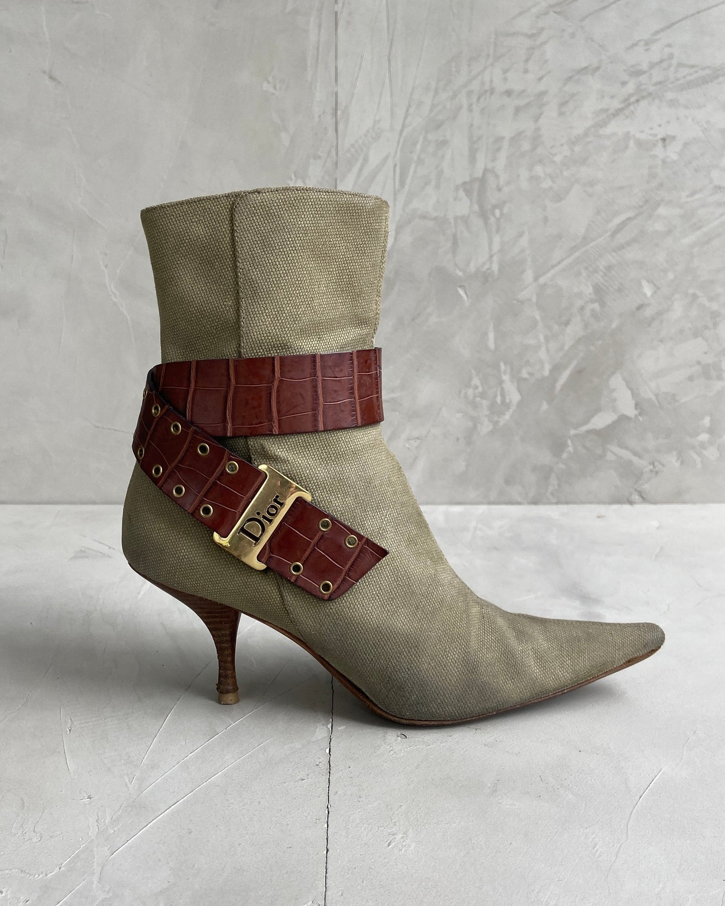 DIOR CANVAS & LEATHER BUCKEL HEELED BOOTS - EU 37.5