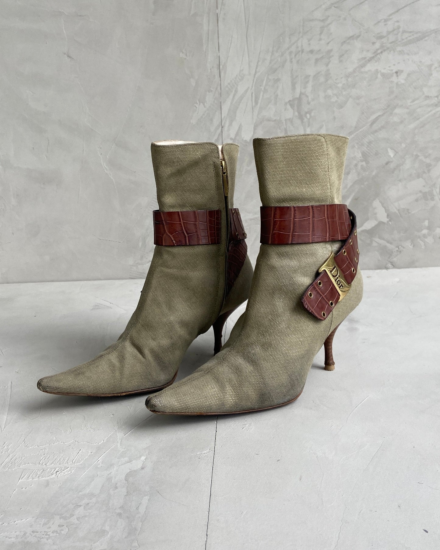 DIOR CANVAS & LEATHER BUCKEL HEELED BOOTS - EU 37.5