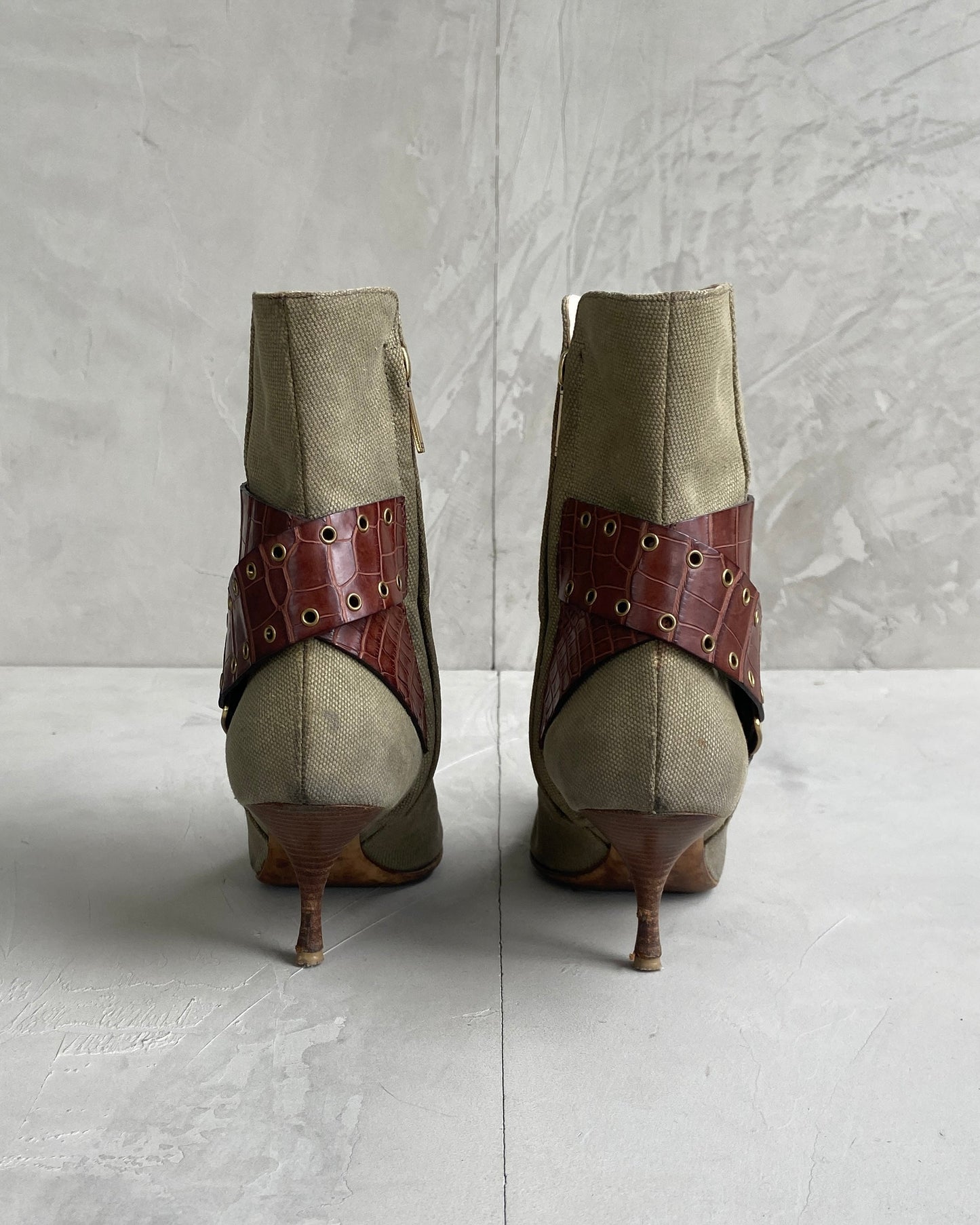 DIOR CANVAS & LEATHER BUCKEL HEELED BOOTS - EU 37.5