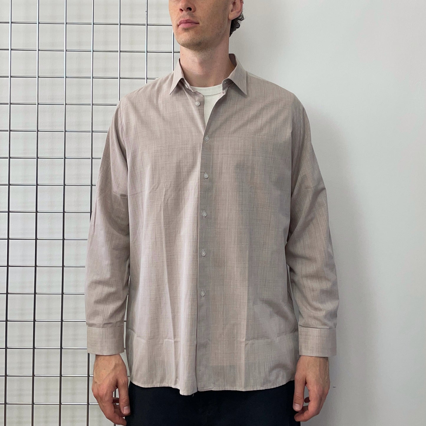 Vintage Beige Grey Louis Philippe Textured Shirt | X-Large, Multicoloured