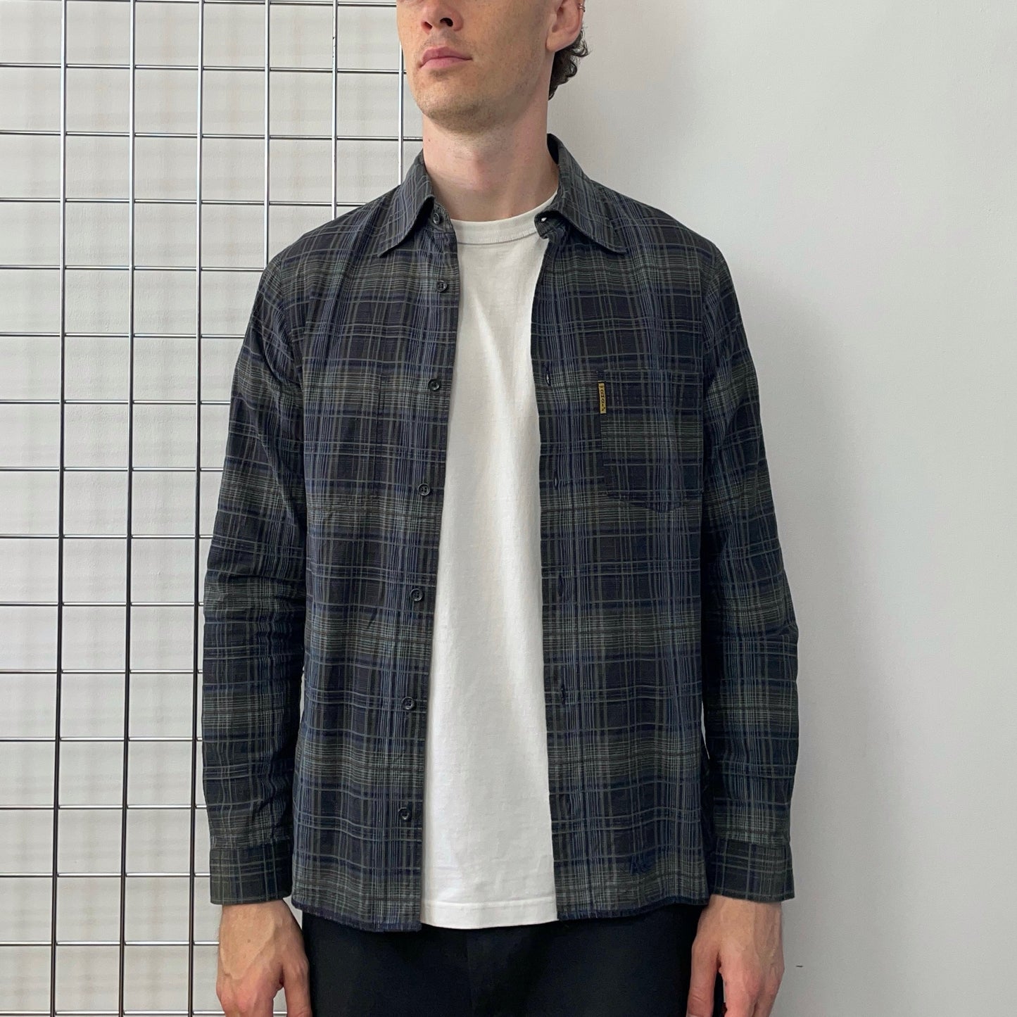 Armani Jeans Navy Grey & Green 00s Ribbed Check Shirt | Medium, Multicoloured