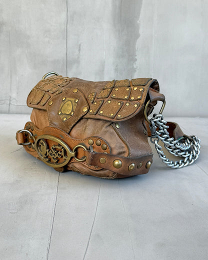 DIESEL 90'S BROWN LEATHER & CHROME SHOULDER BAG | O/S, Multicoloured