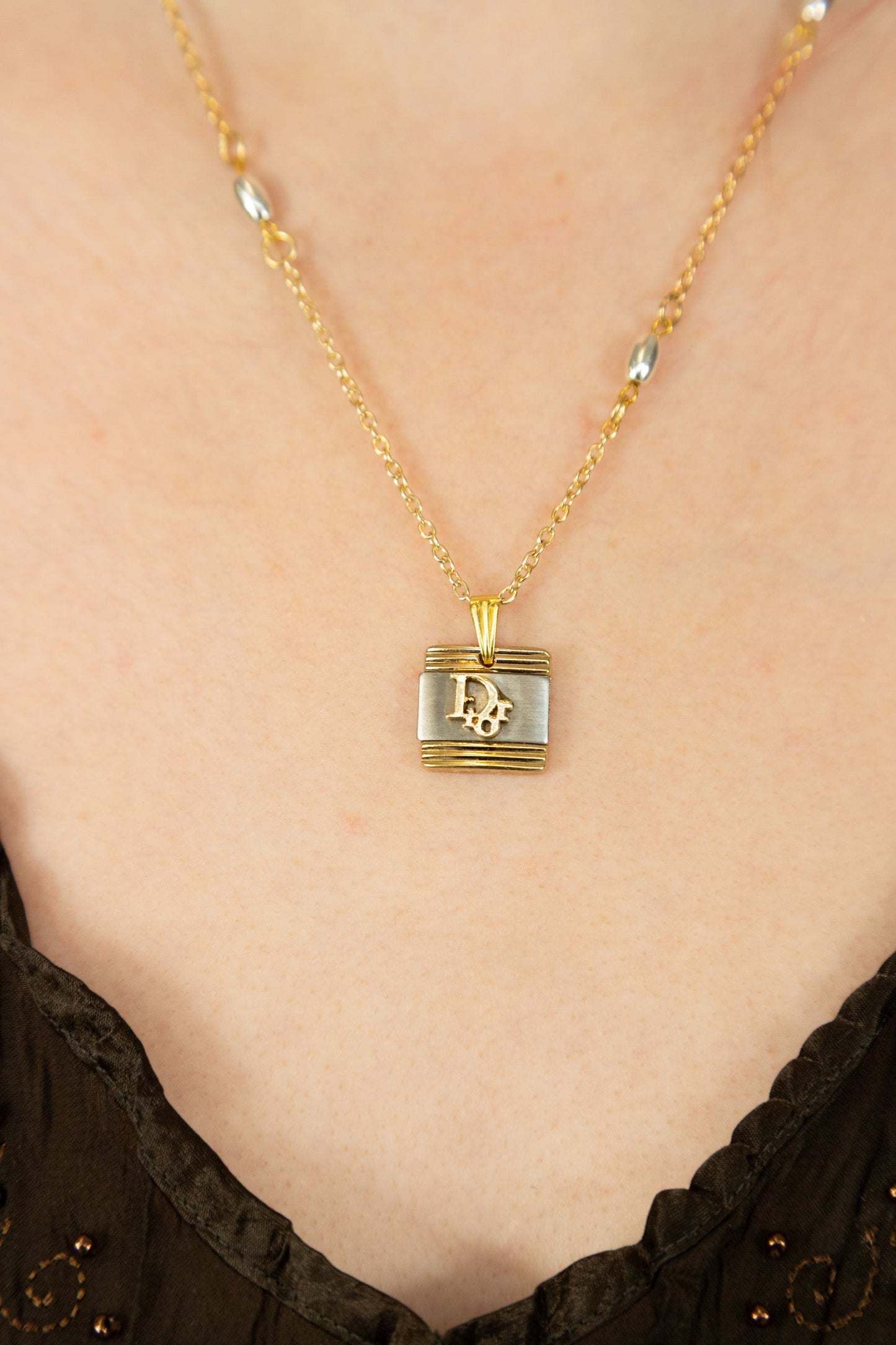 VT Rework: Dior Square Pendant 4 Cultured Pearl Gold Chain Necklace