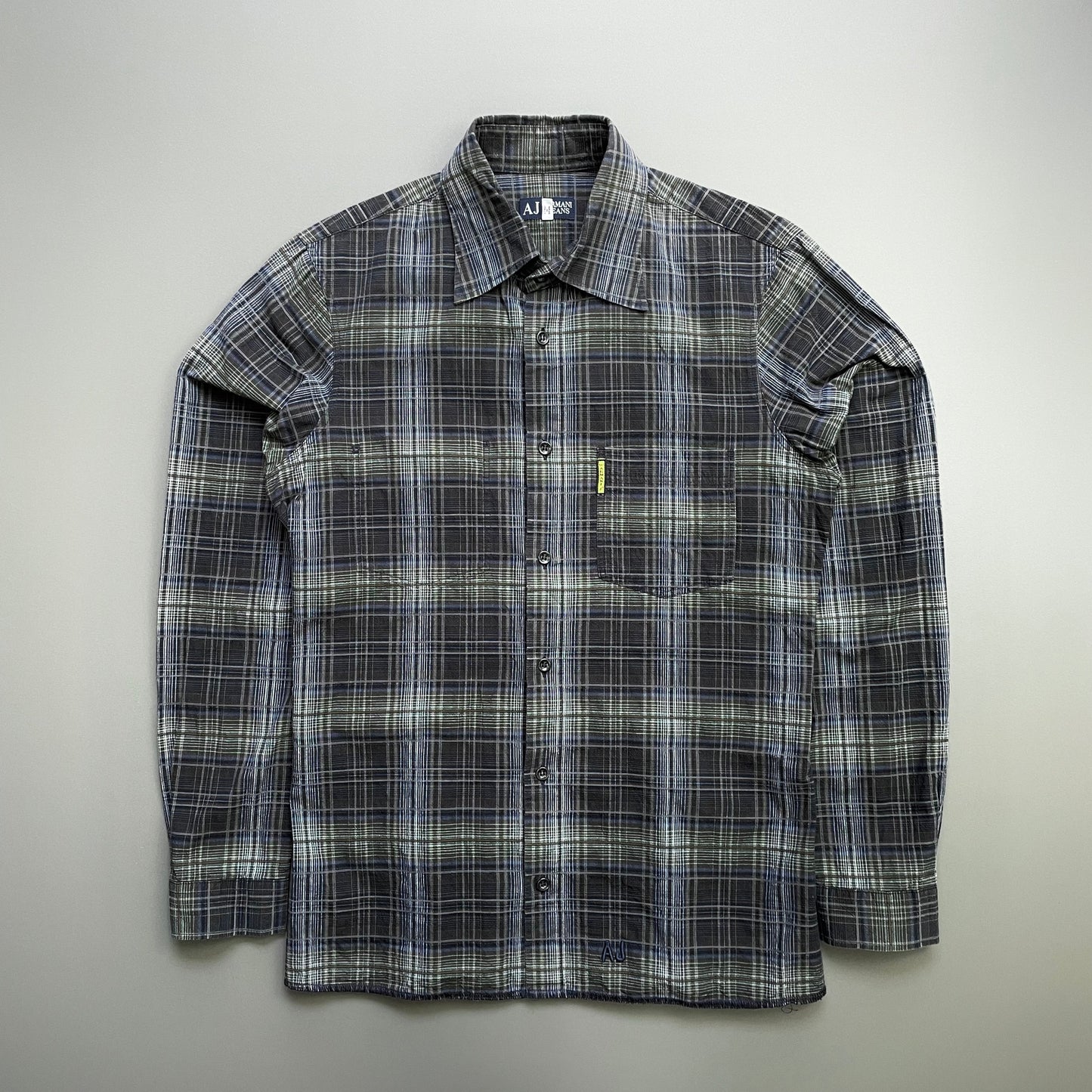 Armani Jeans Navy Grey & Green 00s Ribbed Check Shirt | Medium, Multicoloured