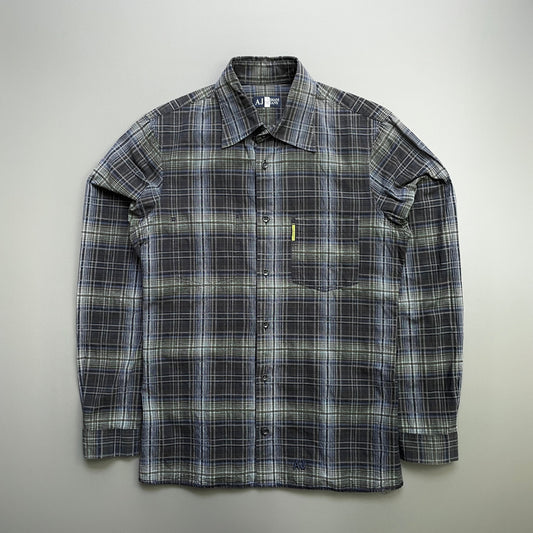 Armani Jeans Navy Grey & Green 00s Ribbed Check Shirt | Medium, Multicoloured