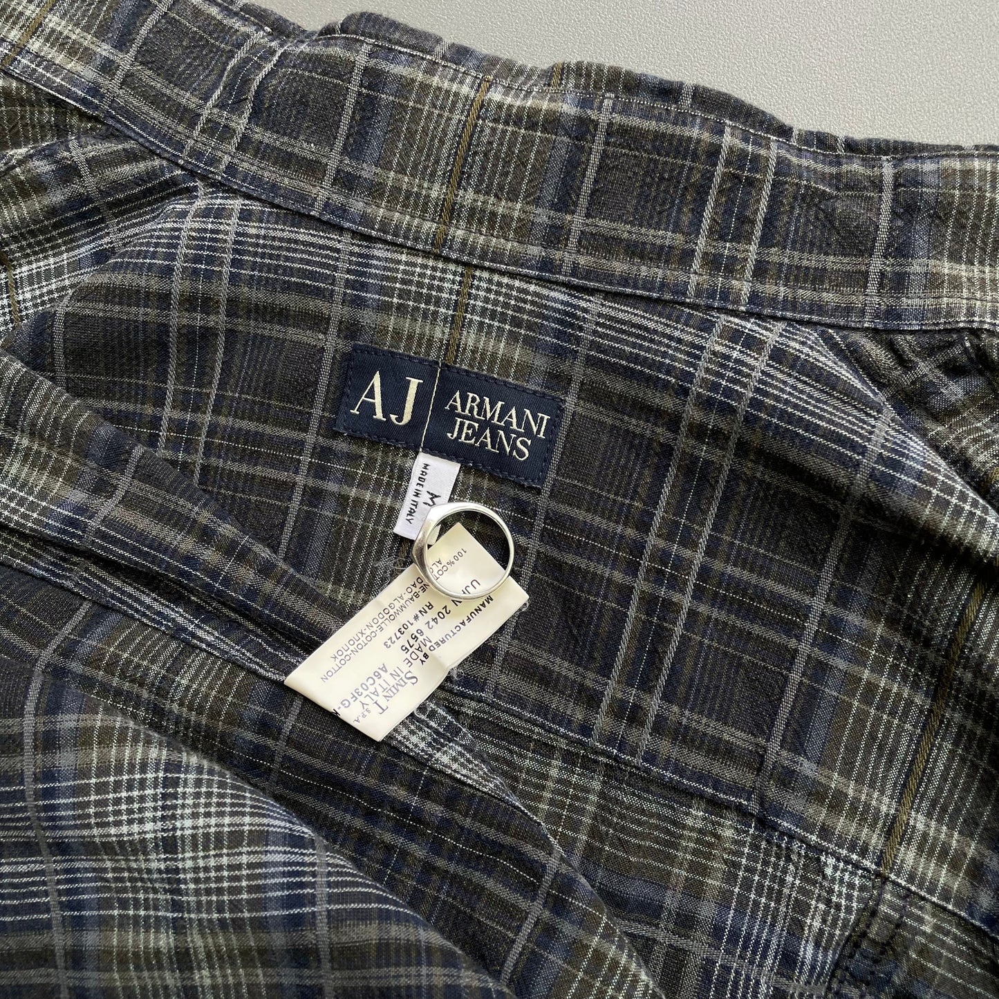 Armani Jeans Navy Grey & Green 00s Ribbed Check Shirt | Medium, Multicoloured