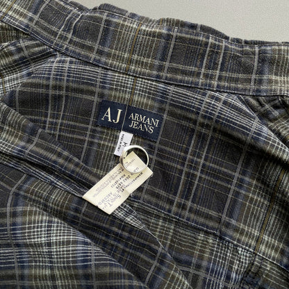 Armani Jeans Navy Grey & Green 00s Ribbed Check Shirt | Medium, Multicoloured