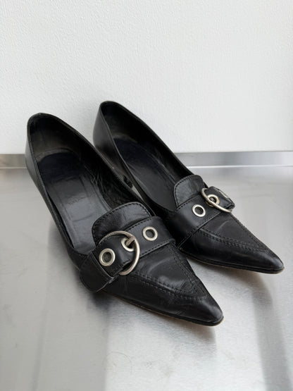 Prada Leather Buckle Kitten Heels | LARGE, Red