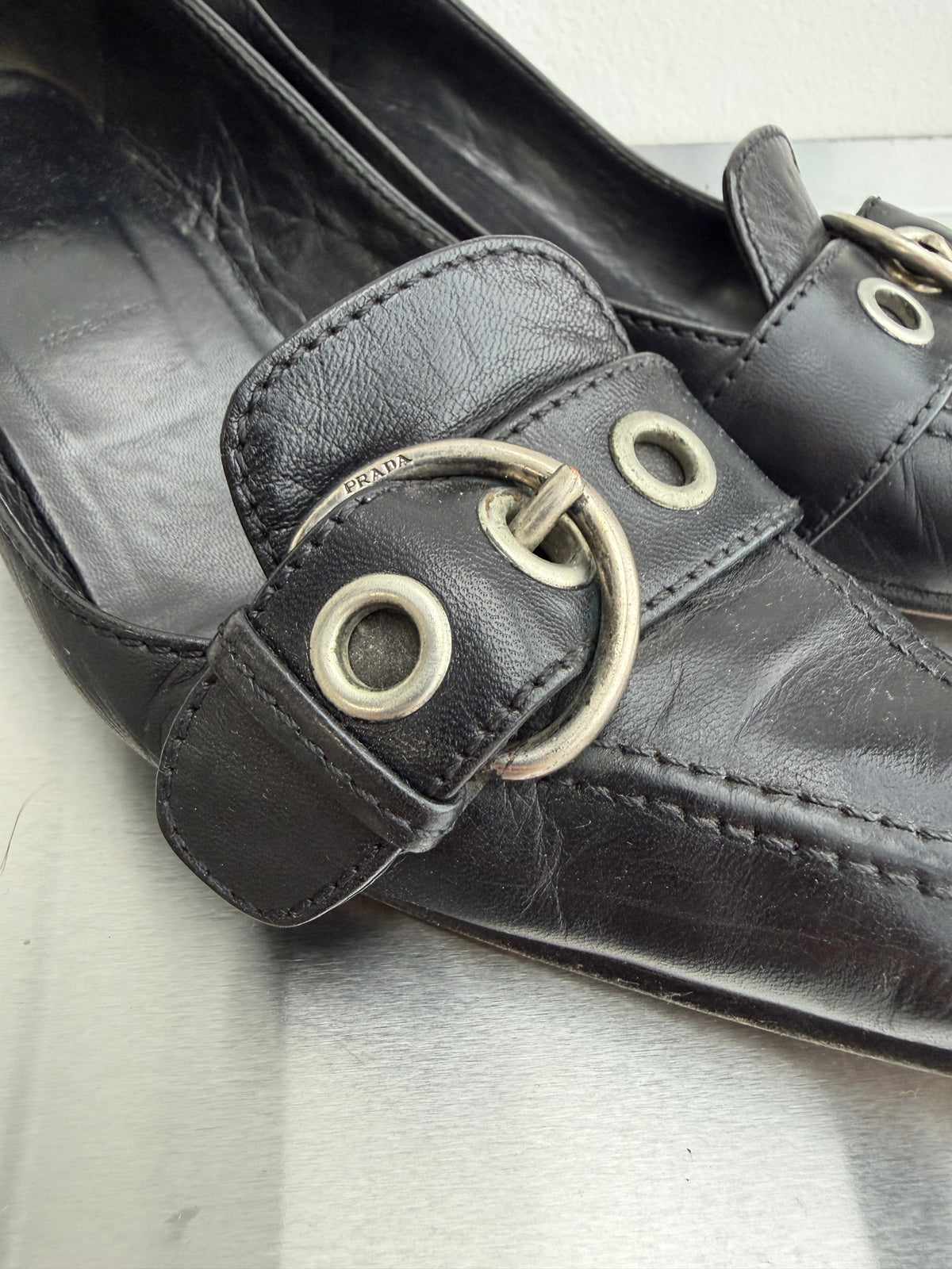 Prada Leather Buckle Kitten Heels | LARGE, Red
