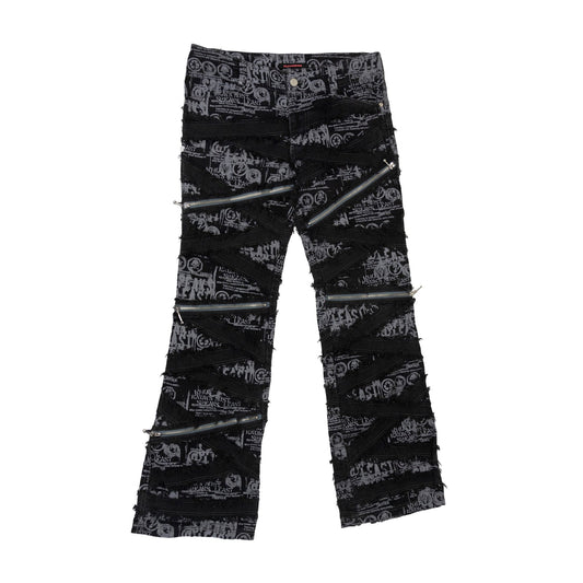 Algonquins Low Rise Graffiti Printed Zip Detail Distressed Flared Jeans