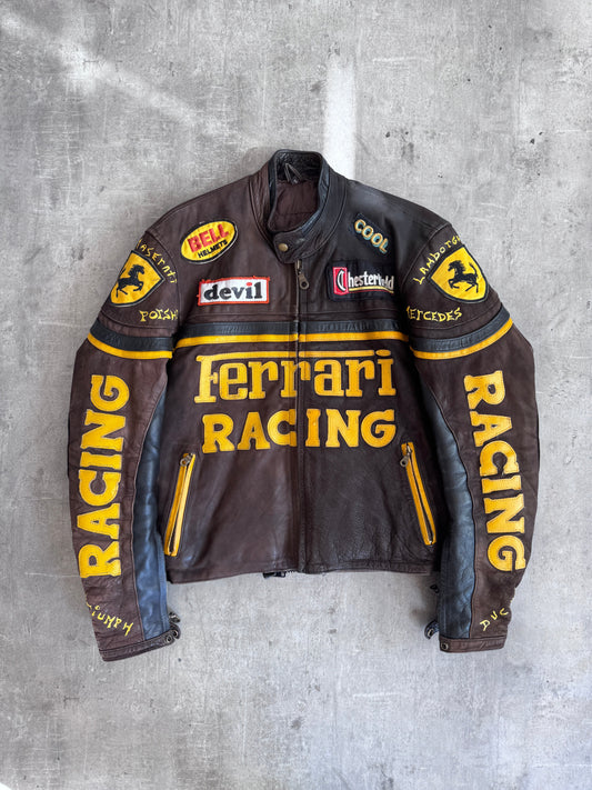 Ferrari Brown Suede Spellout Leather Moto Racing Jacket