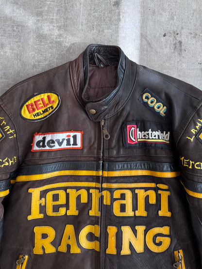 Ferrari Brown Suede Spellout Leather Moto Racing Jacket
