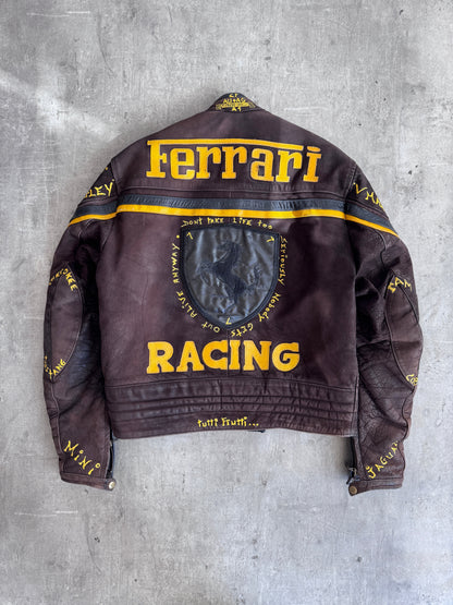 Ferrari Brown Suede Spellout Leather Moto Racing Jacket