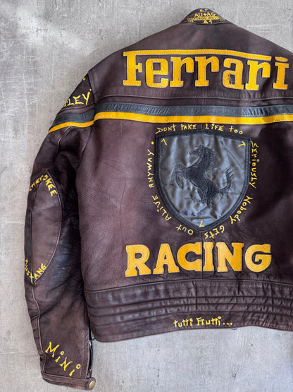 Ferrari Brown Suede Spellout Leather Moto Racing Jacket
