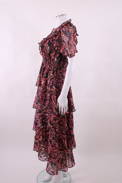 Hale Bob S/S Floral Ruffle Dress Black/ Pink L | Default Title, Black