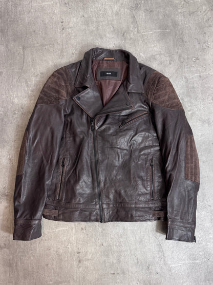Hugo Boss Suede Patched Brown Leather Moto Jacket
