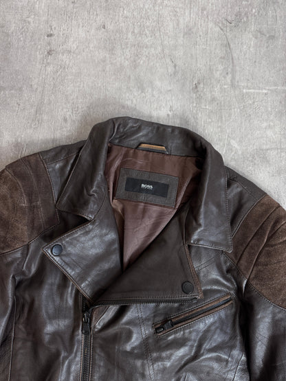 Hugo Boss Suede Patched Brown Leather Moto Jacket