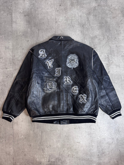Avirex "75" Black Leather Diagonal Spellout Jacket