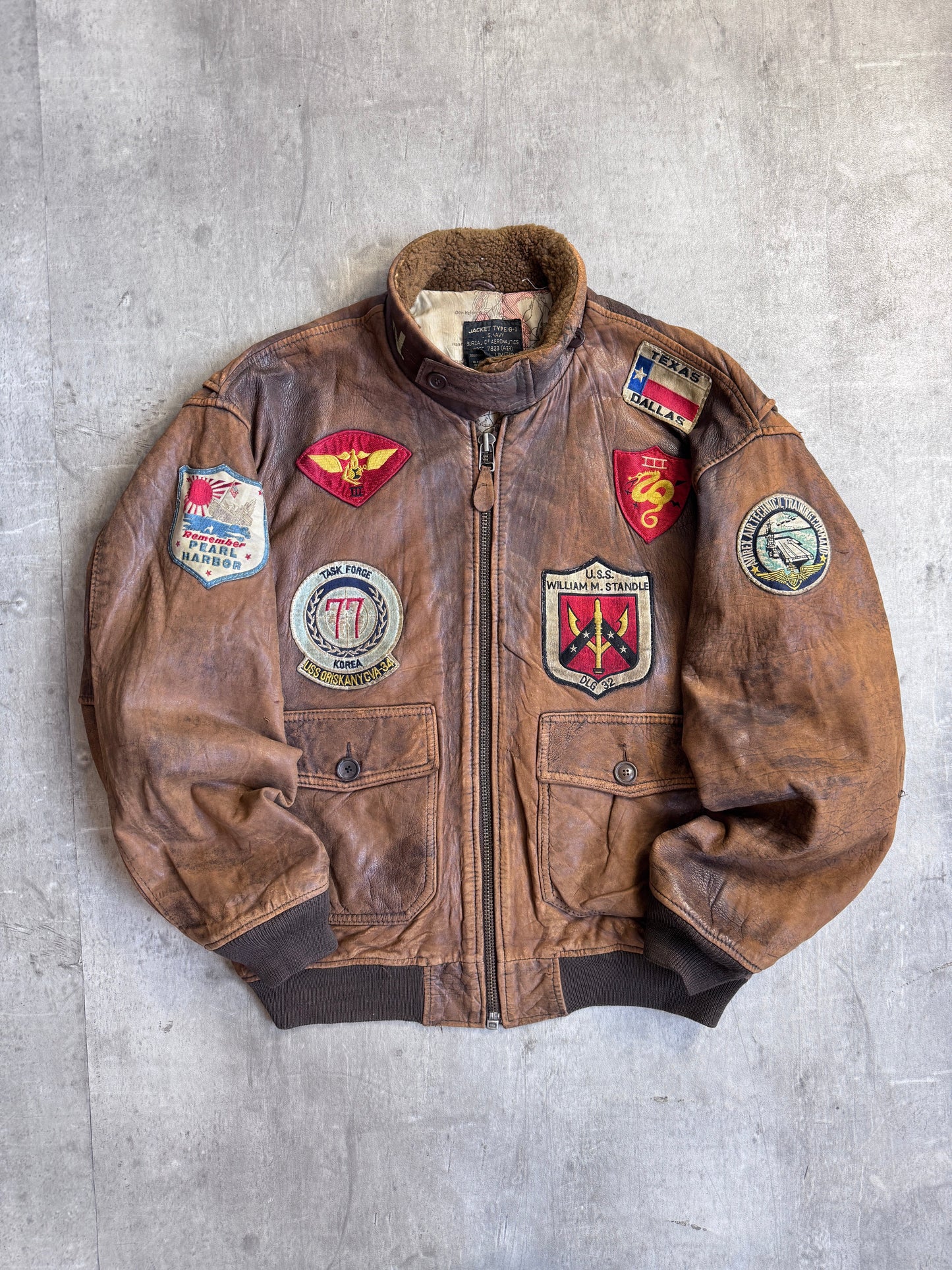 Avirex 1986 USN G-1 Patch Detail Brown Leather Bomber Jacket