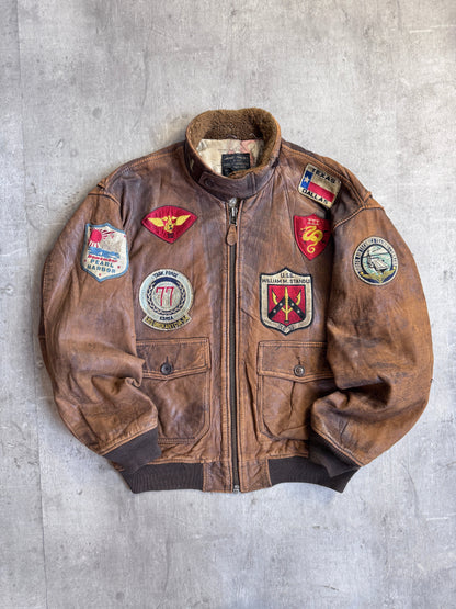 Avirex 1986 USN G-1 Patch Detail Brown Leather Bomber Jacket