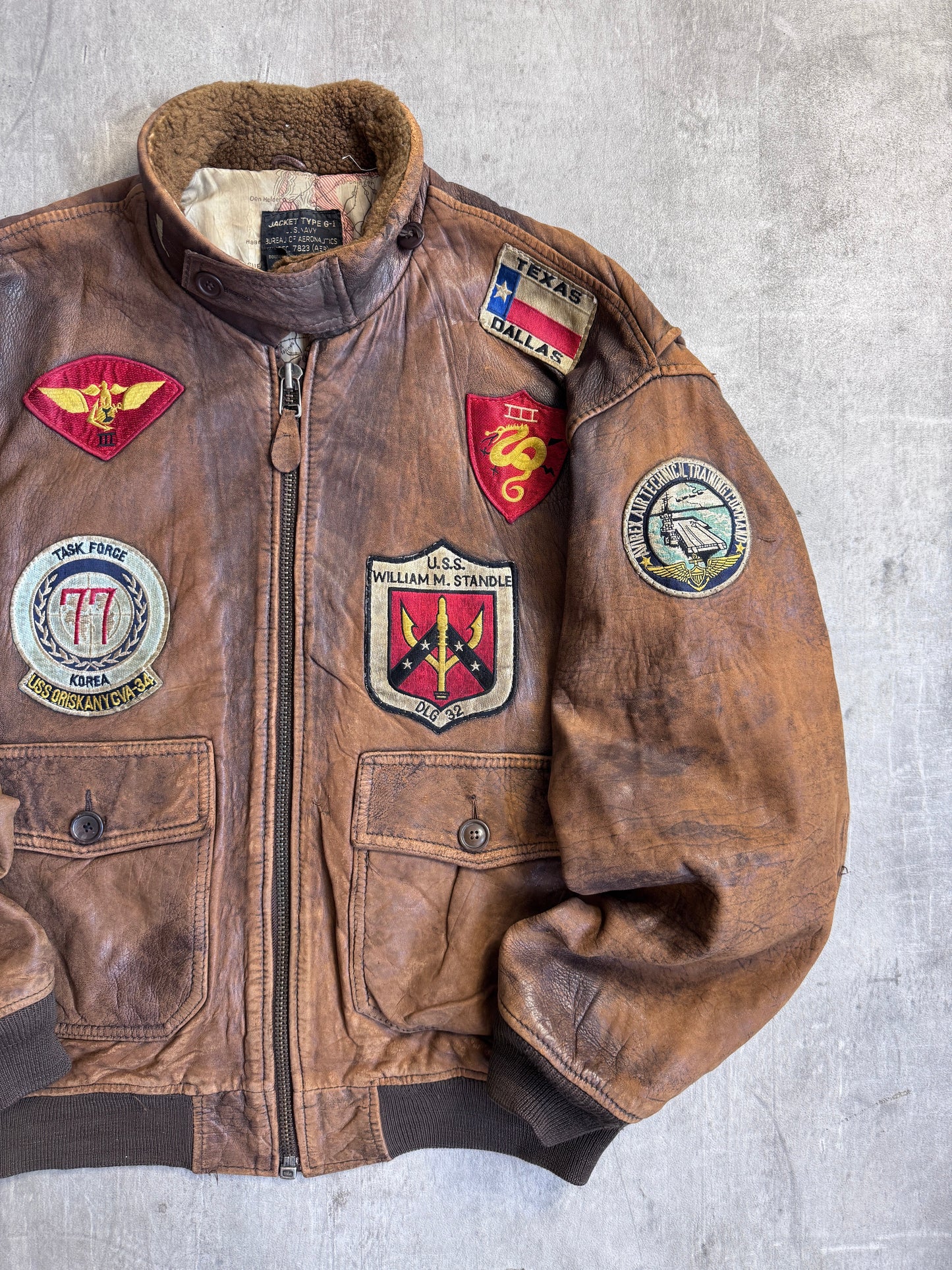 Avirex 1986 USN G-1 Patch Detail Brown Leather Bomber Jacket