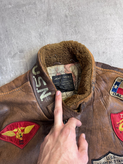 Avirex 1986 USN G-1 Patch Detail Brown Leather Bomber Jacket