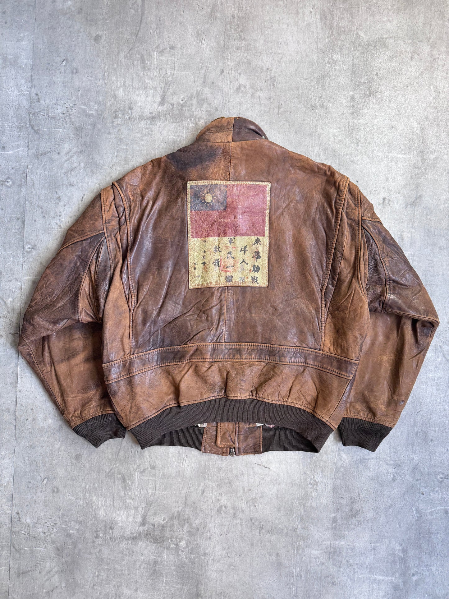 Avirex 1986 USN G-1 Patch Detail Brown Leather Bomber Jacket