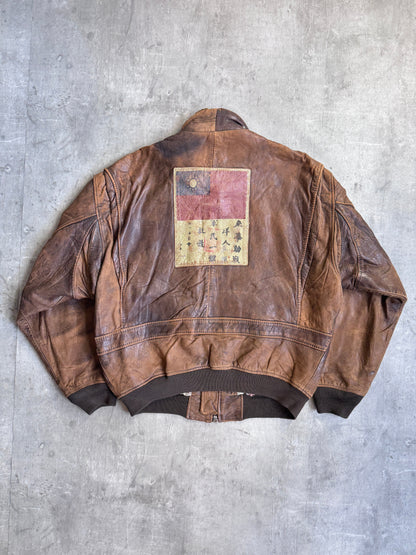 Avirex 1986 USN G-1 Patch Detail Brown Leather Bomber Jacket