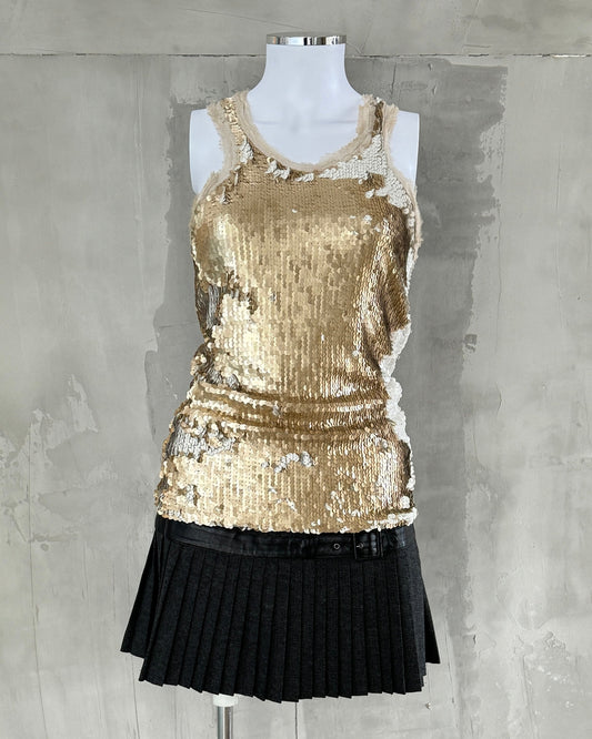 PLEIN SUD GOLD & WHITE SEQUINNED VEST TOP - M