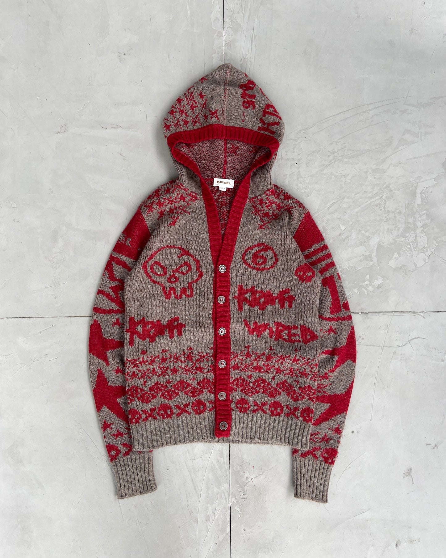 DIESEL 2000'S KNIT BUTTON UP GRAPHIC CARDIGAN - L | Large, Red