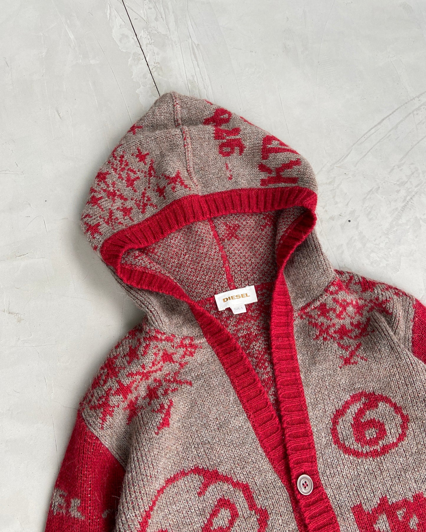 DIESEL 2000'S KNIT BUTTON UP GRAPHIC CARDIGAN - L | Large, Red