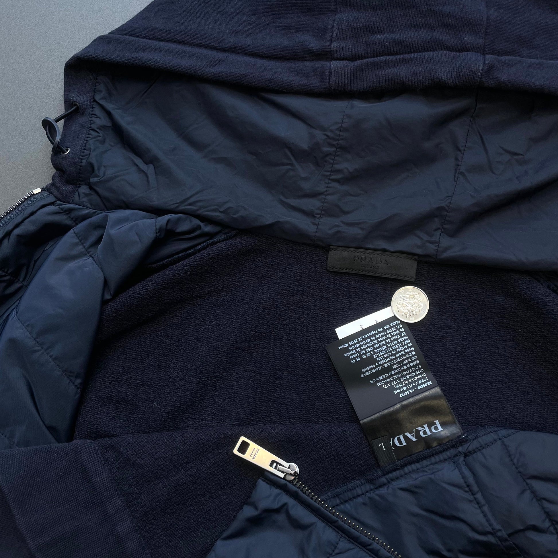 Prada Sport Navy 2019 Padded Hybrid Hooded Jacket | Medium, Navy