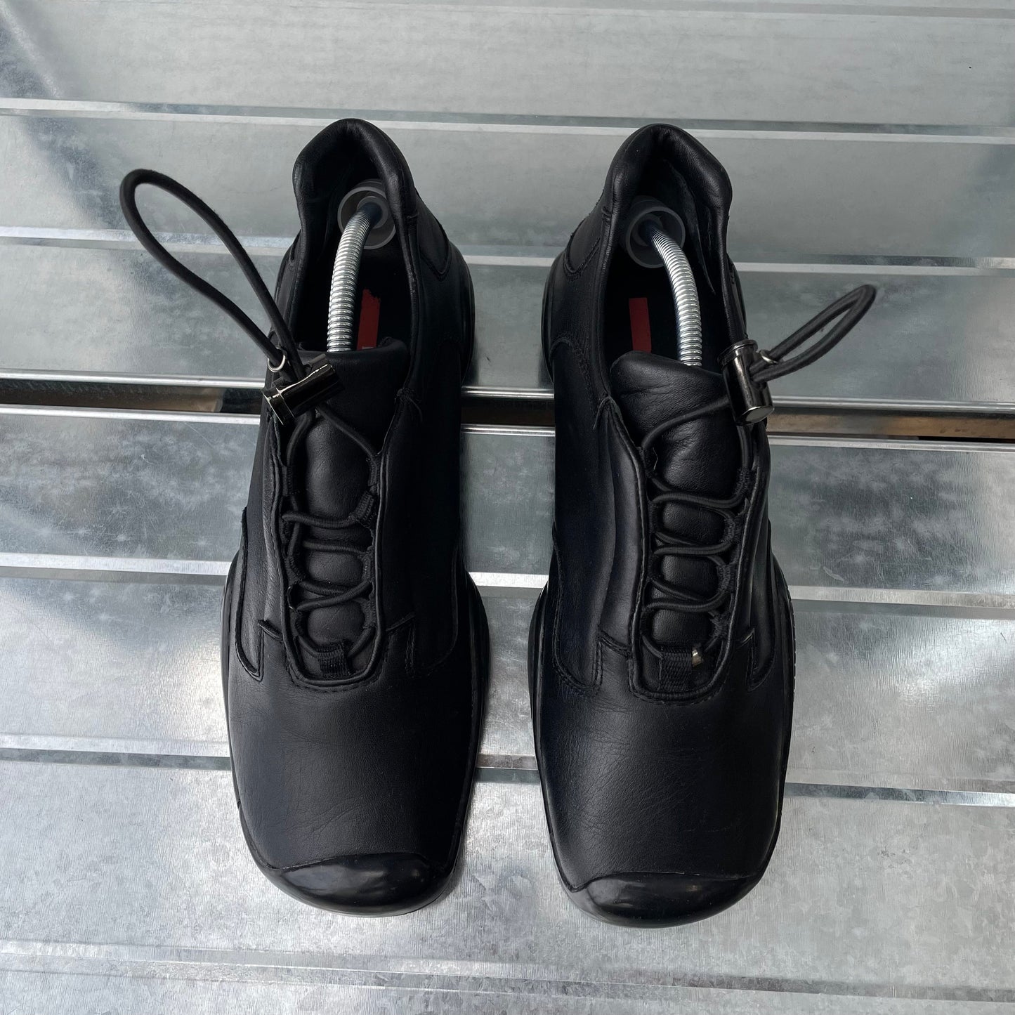 Prada Sport Black SS99 Leather Toggle Trainers | LARGE, Black