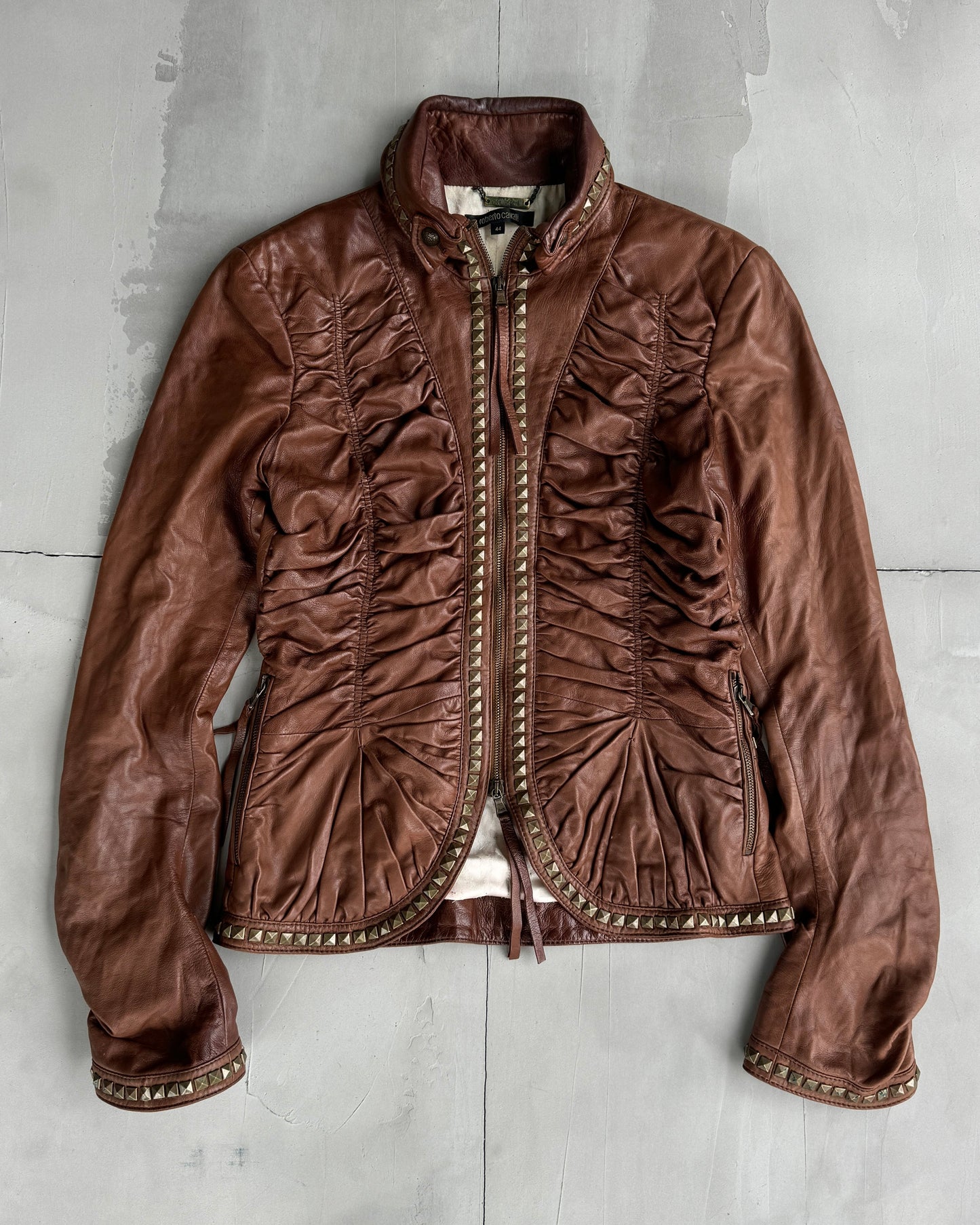 ROBERTO CAVALLI AW05 RUCHED STUDDED LEATHER JACKET - M