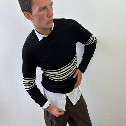 Emporio Armani Grey & White 90s Bulk Stripe Knit Jumper | Medium, Multicoloured