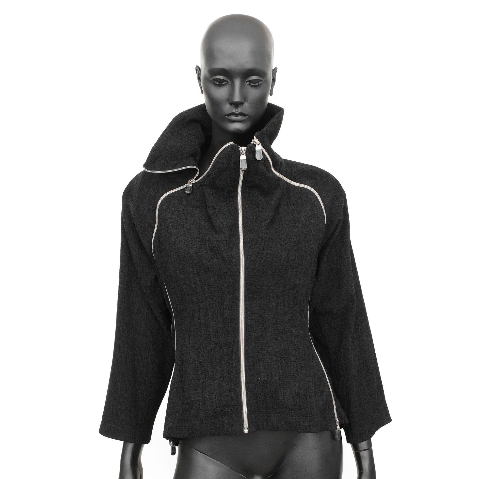 Issey Miyake FW 1991 runway multi-zip transformable jacket with subtle shoulder pads and hidden front side pockets, size XS, available at Artefact Archive