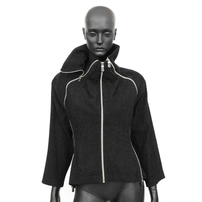 Issey Miyake FW 1991 runway multi-zip transformable jacket with subtle shoulder pads and hidden front side pockets, size XS, available at Artefact Archive