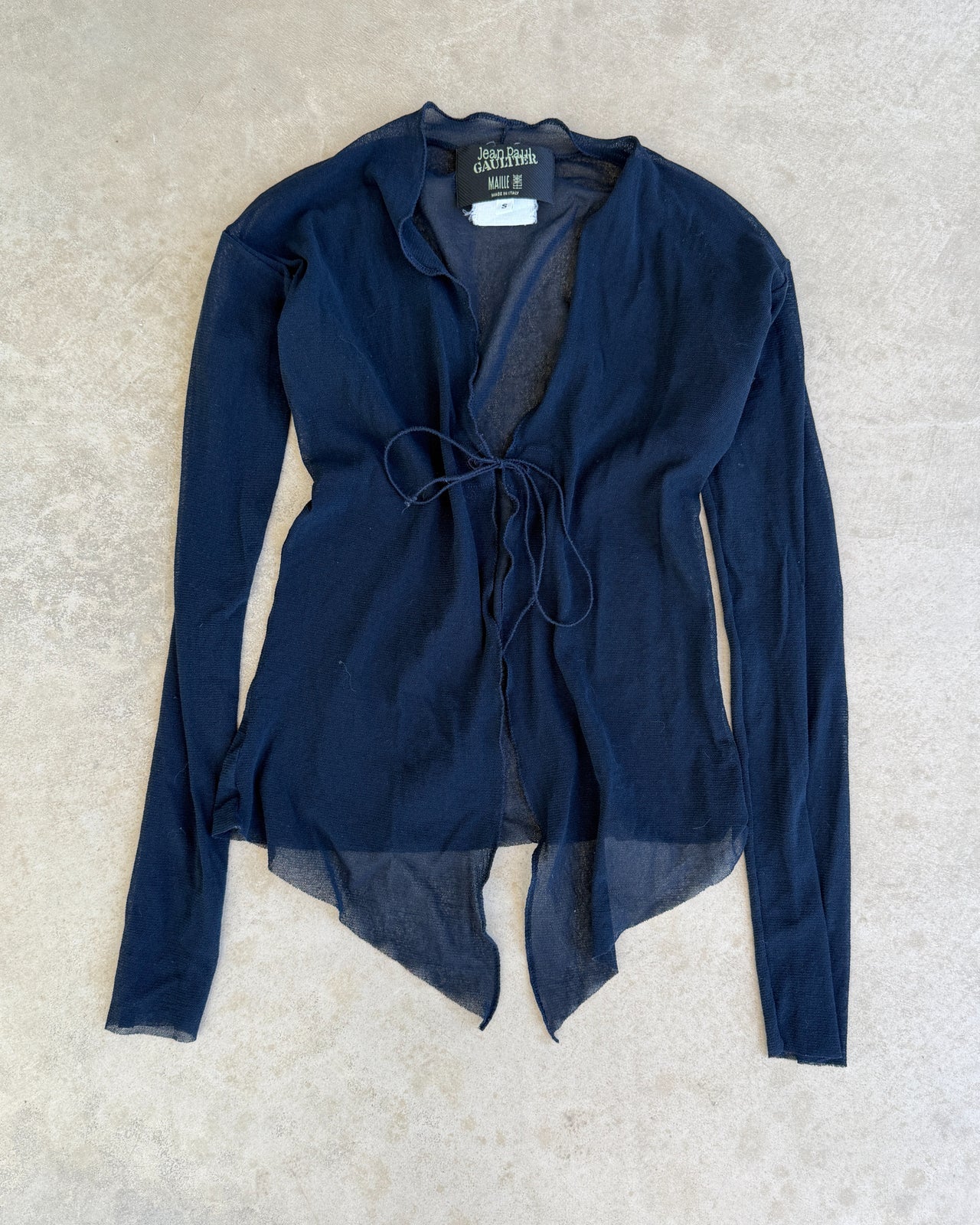 Jean Paul Gaultier Dark Blue Sheer Mesh Long Sleeve Cardigan Top – S-on a concrete background