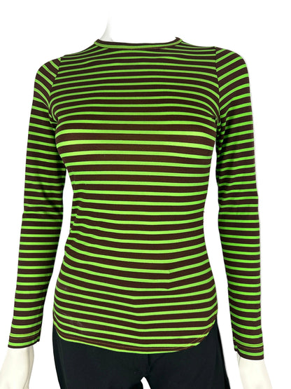 Green and brown striped fabric on a white background