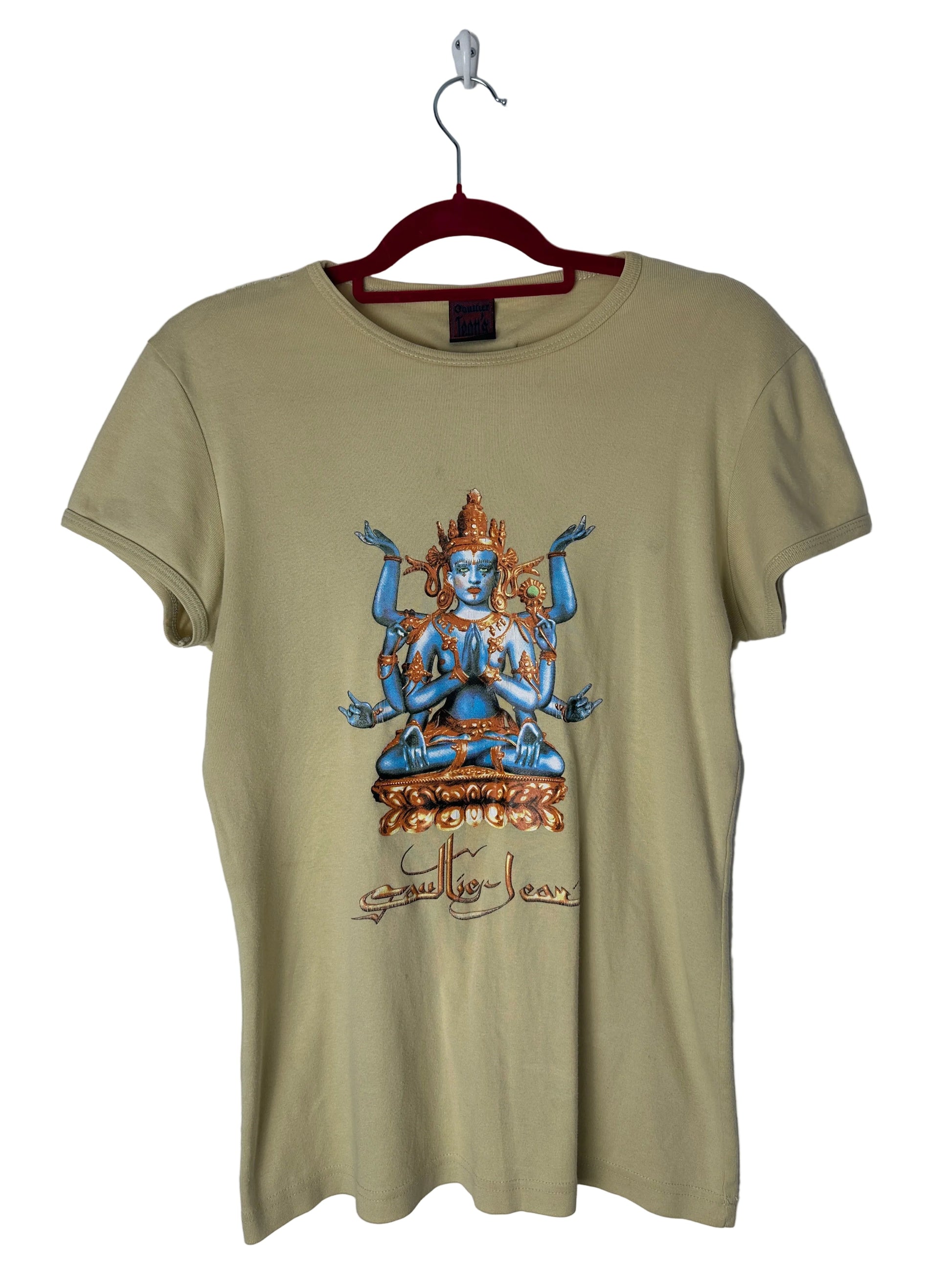 Beige t-shirt with printed design on a white background