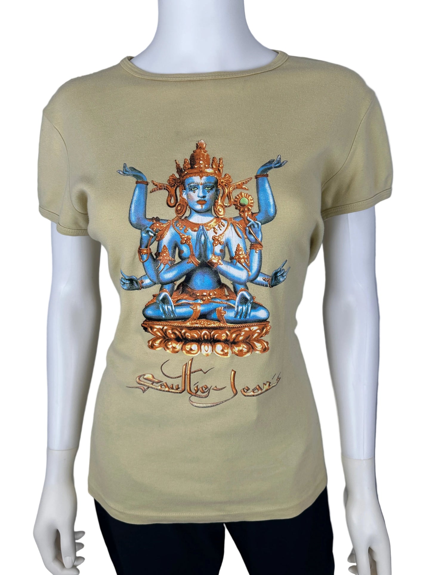 Beige tank top with a colorful graphic design on a mannequin against a gray background