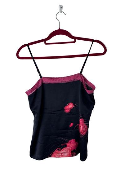 Black printed cami top on a red hanger