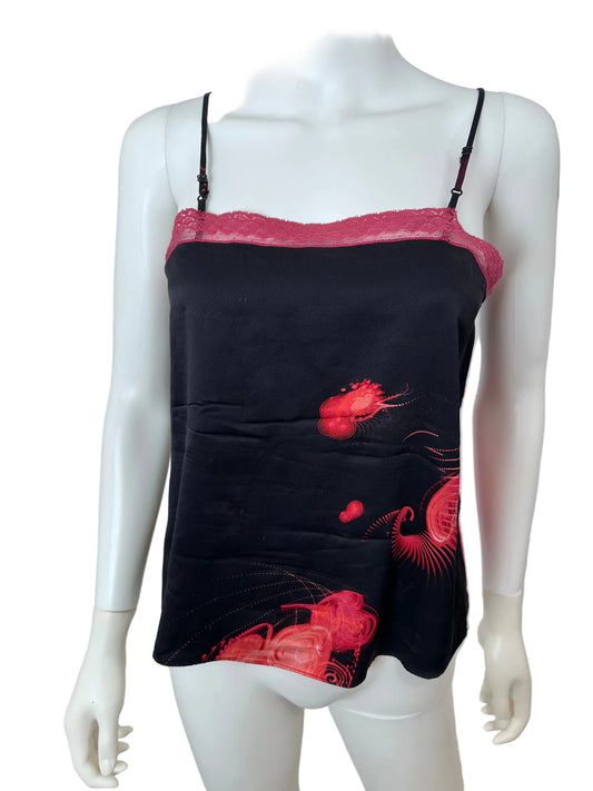 Jean paul gaultier printed silk cami top on a white mannequin