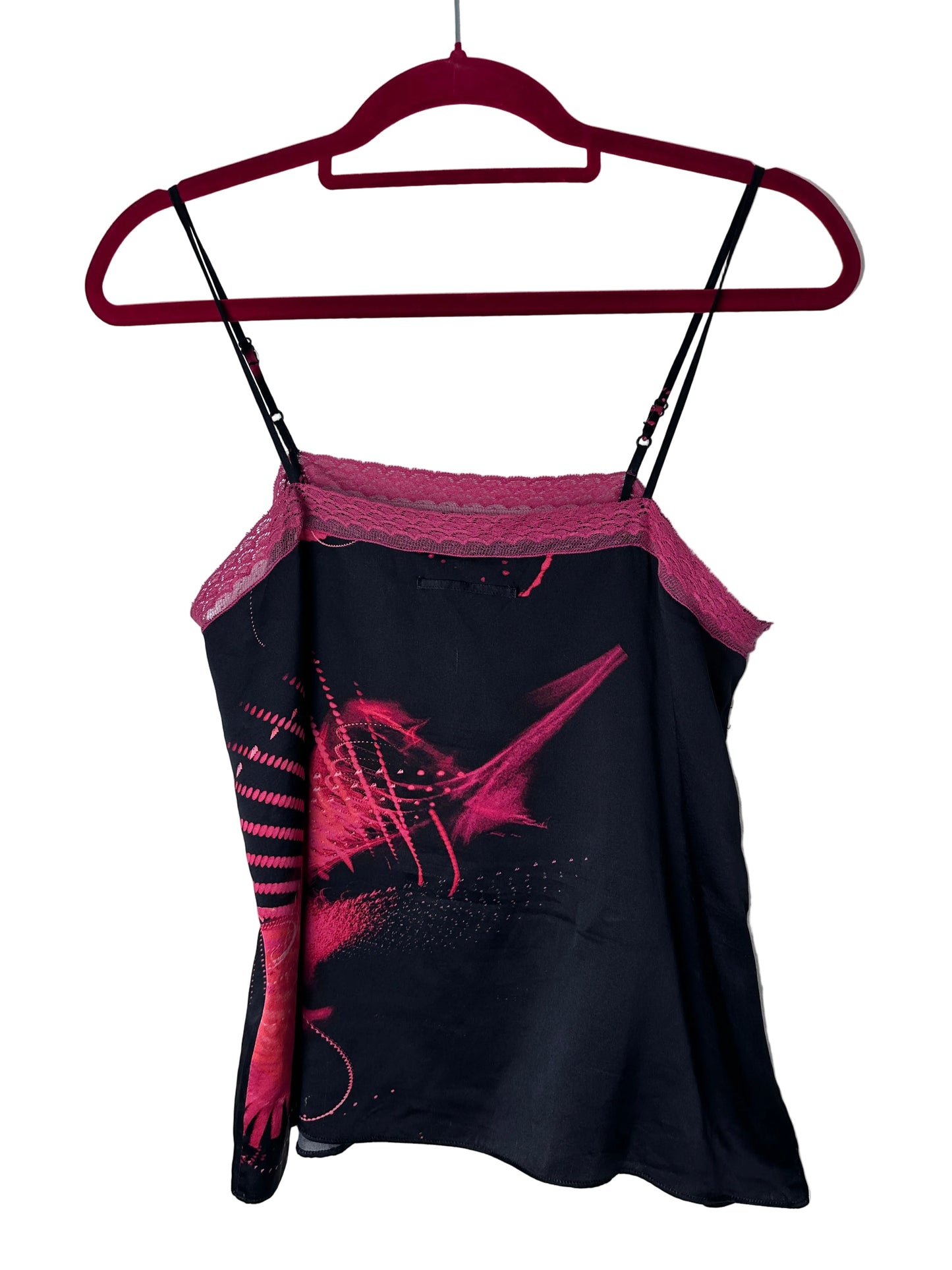 blackprinted cami top on a red hanger