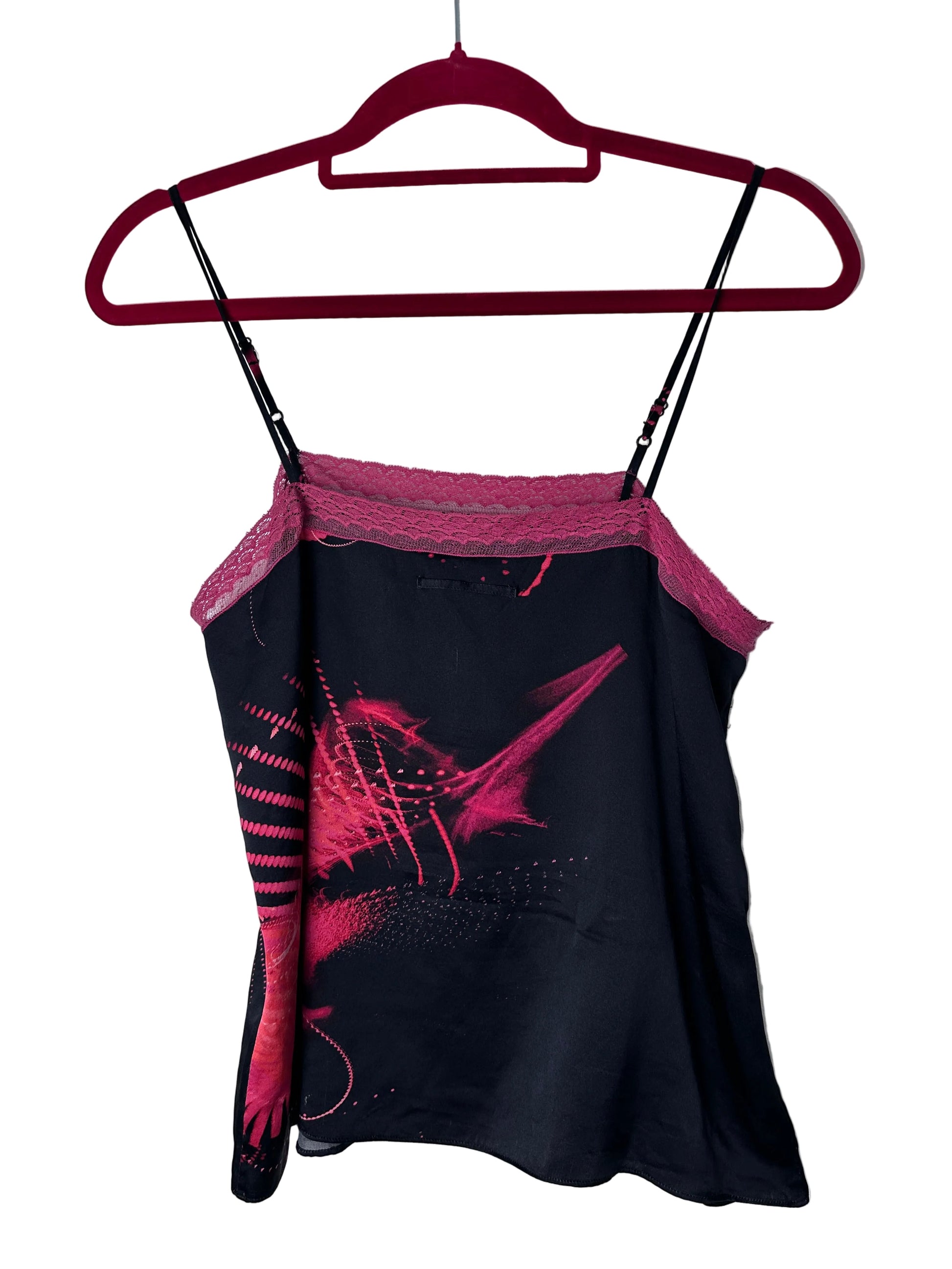 blackprinted cami top on a red hanger
