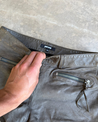 Just Cavalli Brown Leather Mini Shorts – S-on a concrete background