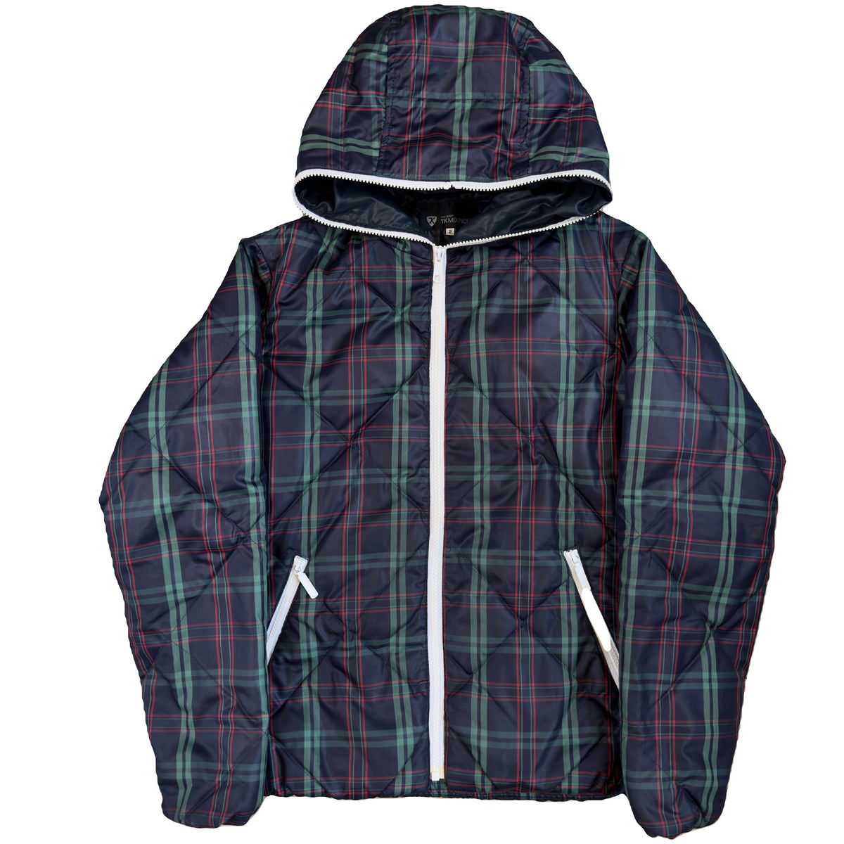 Takeo Kikuchi Diamond Stitch Plaid Puffer Jacket In Navy & Green (M) | Medium, Green